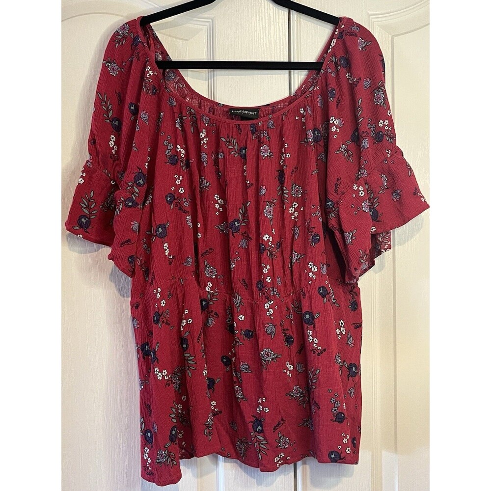 Lane Bryant Top Blouse size 20 Red Floral Short Sleeve Peplum Stretch Casual